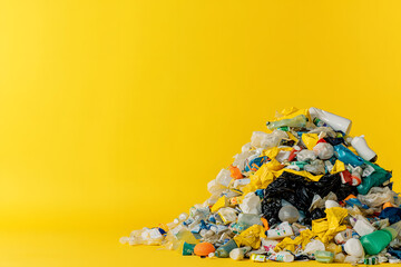 Significant pile of domestic - environmental issue of overconsumption and subsequent waste generation yellow background