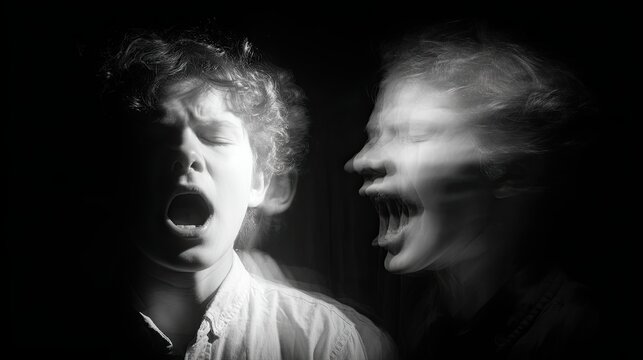 A calm, serious expression and an angry, screaming one. Internal suffering, dissociative identity disorder. Double exposure.