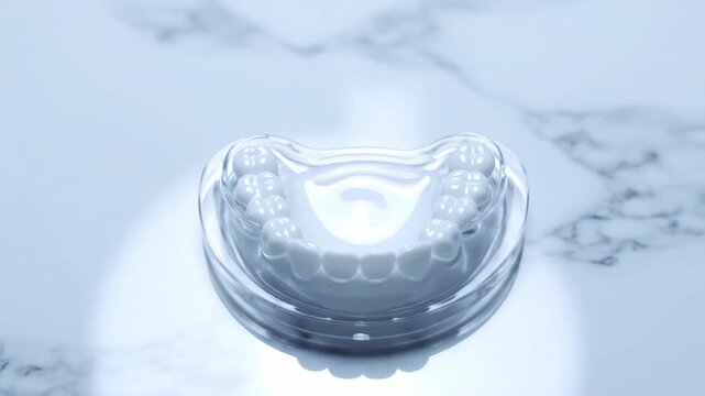 Clean professional top down tracking shot of a clear dental aligner