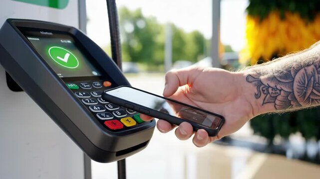 Man pays with smartphone on a terminal through contactless nfc technology. Digital transaction and mobile payment concept
