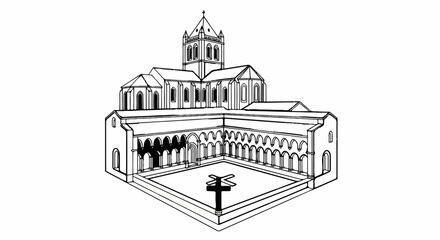 Fototapeta premium Ornate cloister structure with a central cross, detailed architectural illustration