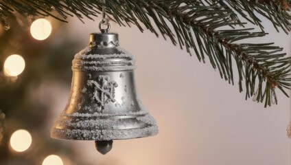 Silver Christmas Bell Ornament Hanging on a Tree Branch.