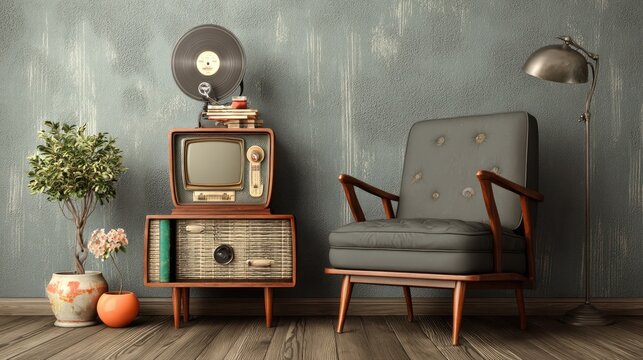 Vintage living room scene featuring armchair television record player and plant