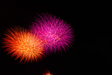 Fototapeta premium 左側にあるオレンジ色とピンク色の夜に光り輝く複数の花火
