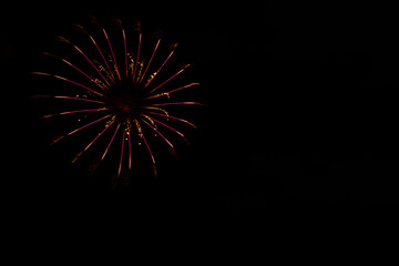 夜空に線状に光り輝く赤色の花火