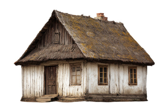Old rustic wooden cottage with thatched roof isolated on transparent background. Old thatched roof cottage with white wooden walls isolated on white background.