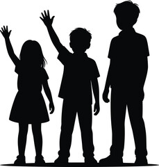 Silhouette illustration of three children standing together with raised hands and varied gestures, symbolizing unity, diversity, and childhood, ideal for education, lifestyle, and creative projects