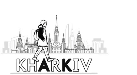 Obraz premium Silhouette walker with backpack against a sketched city skyline and large text