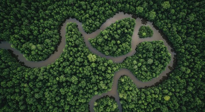 Aerial view of winding river through dense green rainforest, top down drone shot of meandering water stream in tropical jungle, lush emerald forest canopy with curved waterway for travel ads.