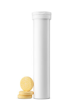 Effervescent vitamin C tablets standing next to a blank supplement container isolated. Transparent PNG image.