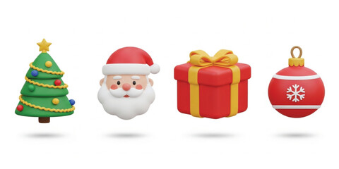 Obraz premium Adorable 3D Christmas Holiday Icons Set with Decorated Xmas Tree, Santa Claus Face, Gift Present Box with Bow, and Red Bauble Ornament for Festive Season, Winter Celebrations, Greeting Cards