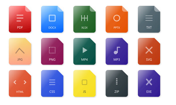 15 Document file format fill icon collection. Includes PDF, DOCX, XLSX, PPTX, TXT, JPG, PNG, MP4, MP3, SVG, HTML, CSS, JS, ZIP, and EXE symbols. Created in gradient colored style with a diverse