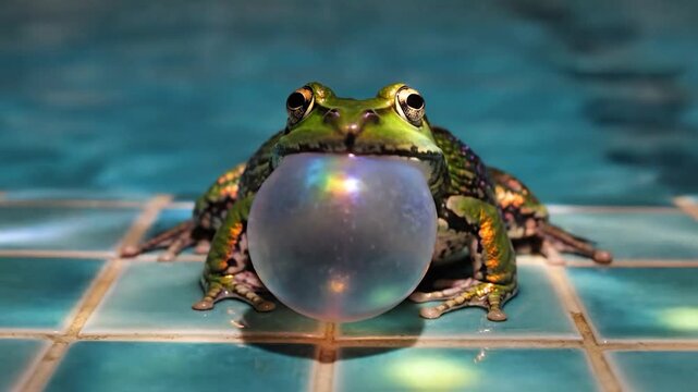 A vibrant green frog with iridescent skin sits calmly on blue tiles.