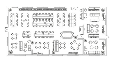 Detailed floor plan of a modern office space with various workstations and meeting areas. © Fisol
