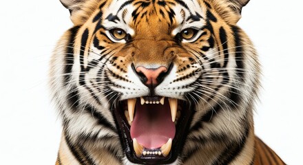Obraz premium Roaring Majesty Striking Tiger Portrait Against White Backdrop.