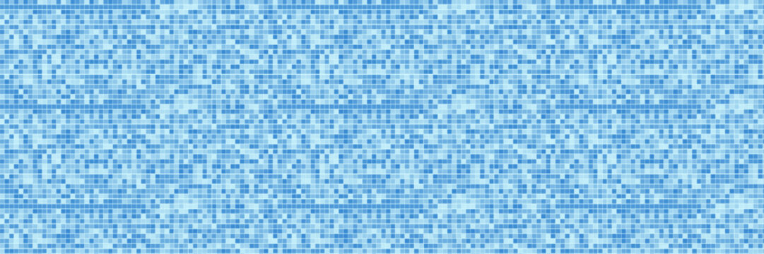 Blue tiles pattern. Classic seamless mosaic. Square swimming pool texture. Simple bathroom background. Wall or floor design template. Ceramic surface concept. Vector illustration.