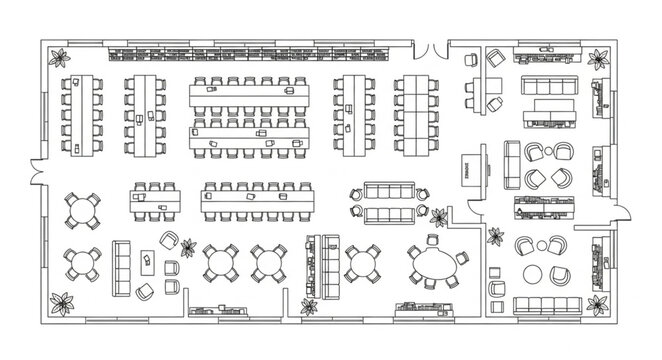 Detailed floor plan of a modern office space with various workstations and meeting areas.