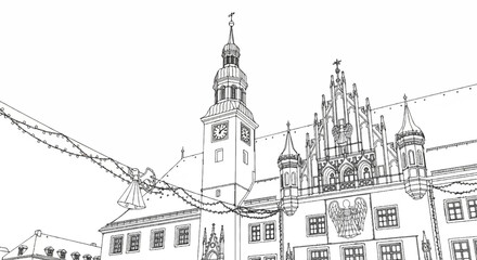 Obraz premium Ornate gothic building with a clock tower, adorned with festive lights and angel decorations