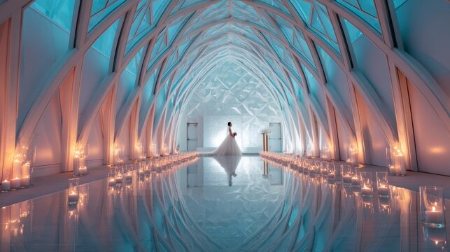 Elegant bride in futuristic ice chapel with candlelit aisle and reflective floor. Modern wedding architecture glowing in blue hues for romantic ceremony