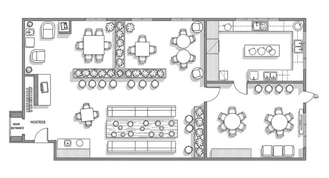 Restaurant floor plan with tables, chairs, and various seating arrangements.