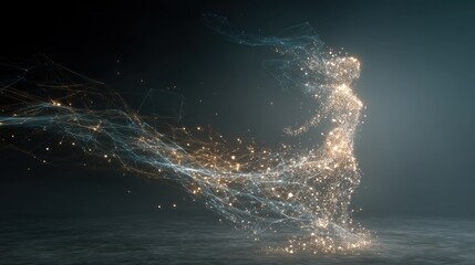 Ethereal female figure formed from glowing light particles and streaming trails. Abstract digital art of energy motion in dark misty background