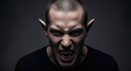 Fototapeta premium Furious Vampire Sharp Fangs and Piercing Gaze in Dark Portrait.