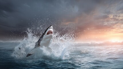 Great white shark leaping from turbulent ocean waves at dramatic sunset. Wildlife action scene with splashing water and stormy sky for adventure and nature themes (128 characters)