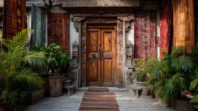 Ornate carved wooden door in Balinese architecture surrounded by lush tropical plants and vibrant textiles. Traditional Indonesian entrance with inviting red pathway and stone accents
