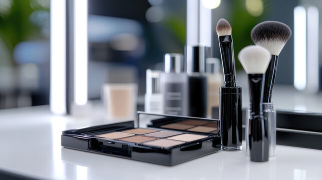 Cosmetic essentials for daily beauty routines, featuring a face powder, applicator brush, and various makeup containers arranged on a vanity or retail display