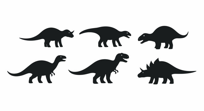 Six black dinosaur silhouettes in various iconic poses on a white background