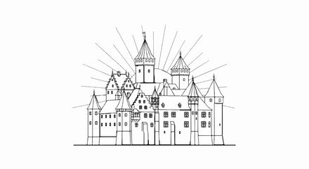 Naklejka premium Ornate line drawing of a complex castle with multiple towers and windows, against radiating lines