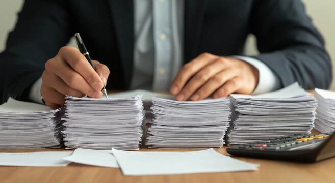Businessman's hands writing on a document sheet with a pen, surrounded by large stacks of paper and a calculator, representing bureaucracy, taxes, heavy workload and financial administration
