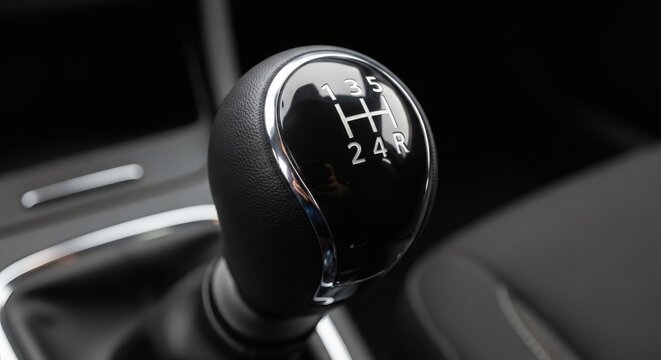 Gear Shift CloseUp  Manual Transmission with Car Interior, and Control Knob.