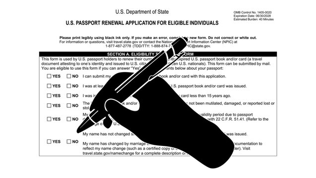 fill out Form DS-82, Passport Renewal Application, black isolated silhouette