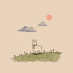 Cute Alpaca With Scarf on Hill © Edik