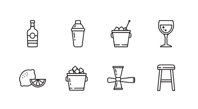 Barware Icons: Bottle, Shaker, Ice Buckets, Jigger, Wine Glass, Lemon, Stool