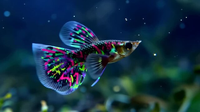Colorful guppy swimming gracefully in aquarium tank vibrant fins and tail aquarium fish close up shot underwater scene
