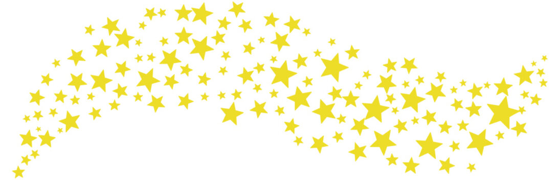 Yellow star scatter vector background, decorative silhouette stars trail and festive confetti pattern isolated on transparent background