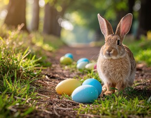 Niedlicher Osterhase sitzt auf einem sonnendurchfluteten Waldweg im Fr&uuml;hling, umgeben von bunten Ostereiern im Gras und mittig auf dem Pfad