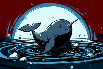 Cute Narwhal in Arctic Ice Hole © Edik