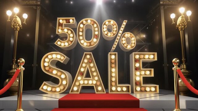 Grand reveal of a 50 percent sale marquee sign as red velvet curtains open on a stage with a red carpet and gold stanchions.