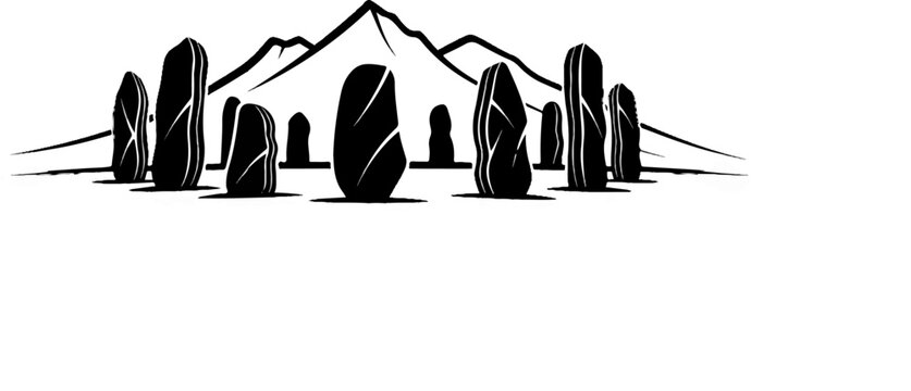 Silhouette of megalithic stones against a mountain range