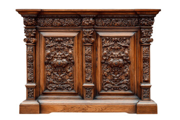 Fototapeta premium Antique ornate carved wooden cabinet isolated on transparent background. Antique ornate carved wood furniture detail, vintage texture isolated on white background.
