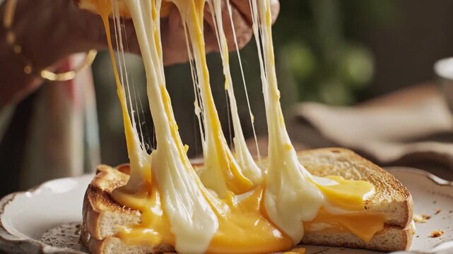 Woman pulling apart grilled cheese sandwich, creating long, melted cheese strings for a delectable food presentation.