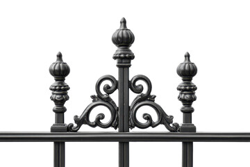 Fototapeta premium Ornate decorative metal fence finial isolated on transparent background. Ornate wrought iron fence section with finials isolated on white background.