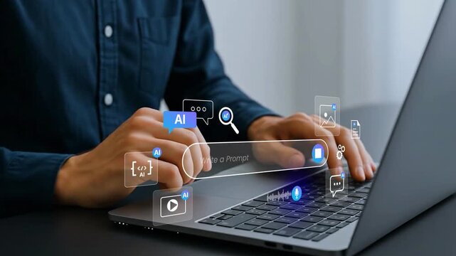 Digital Creator Using Generative AI Tools for Text, Image, Code, Video and Voice Content Creation in Modern Workspace, 4k video clip