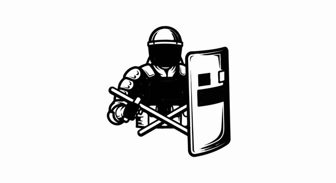 Riot policeman with helmet, shield and batons in black and white