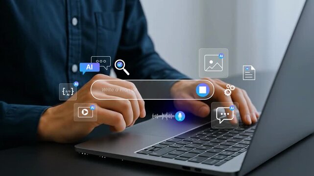 Digital Creator Using Generative AI Tools for Text, Image, Code, Video and Voice Content Creation in Modern Workspace, 4k video clip