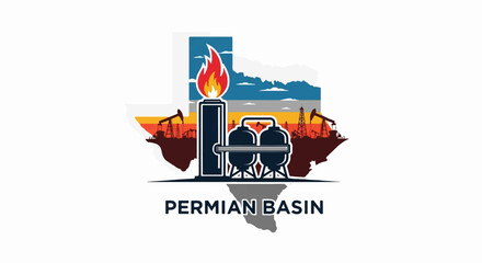 Fototapeta premium Oil industry icons within a Texas outline, on a white background