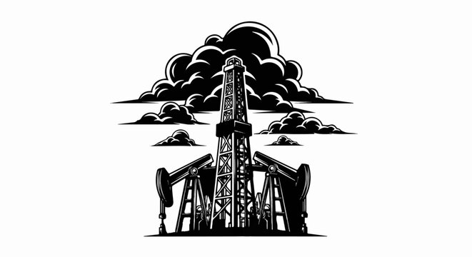 Oil drilling rig and pump jacks under stormy clouds